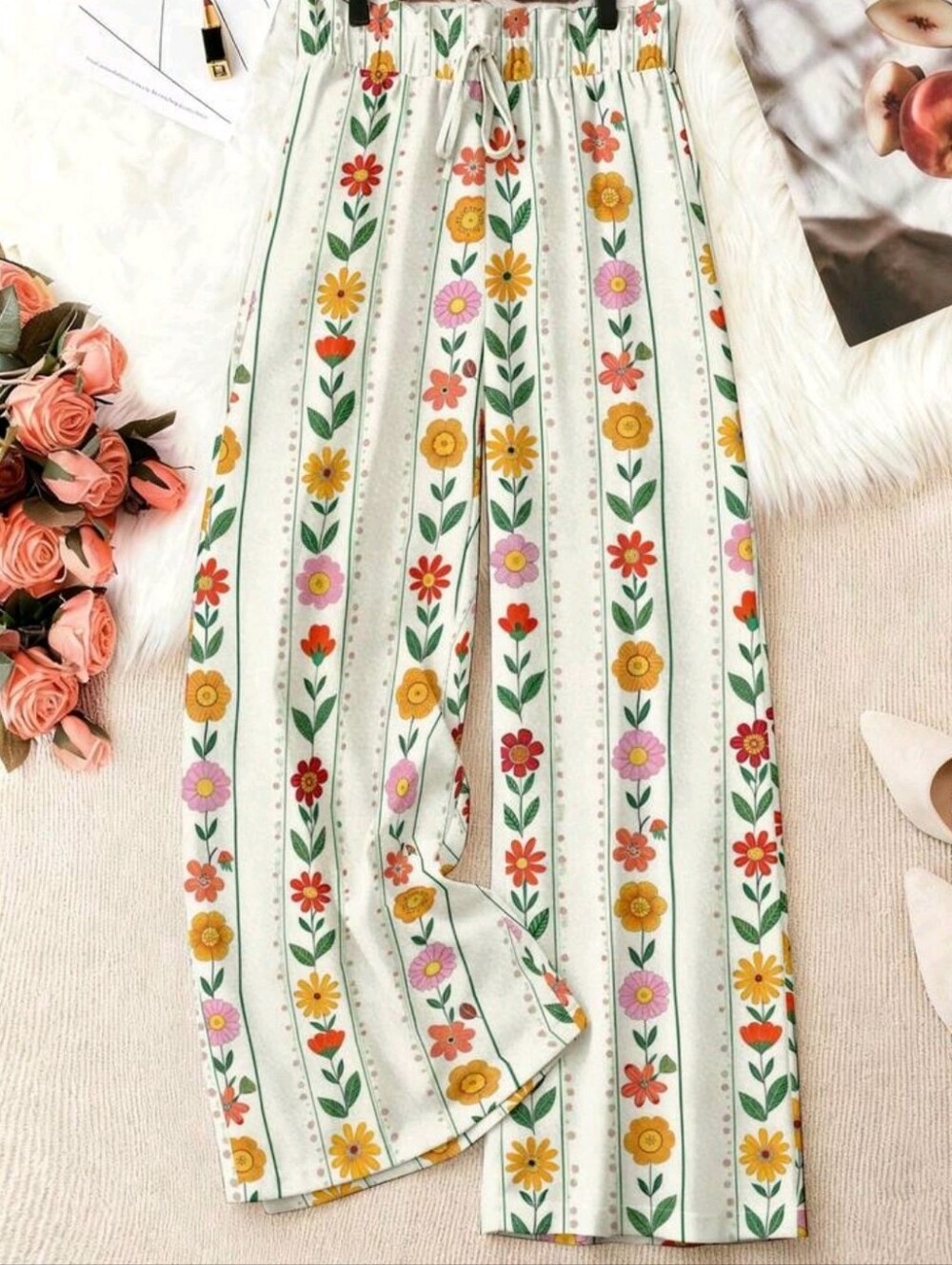 Women's White Wide-Leg Floral Stripe Pants